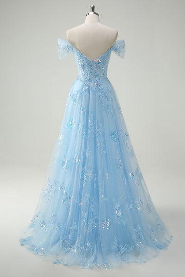 Sparkly Sky Blue Off The Shoulder A-Line Abito da cerimonia con fessura